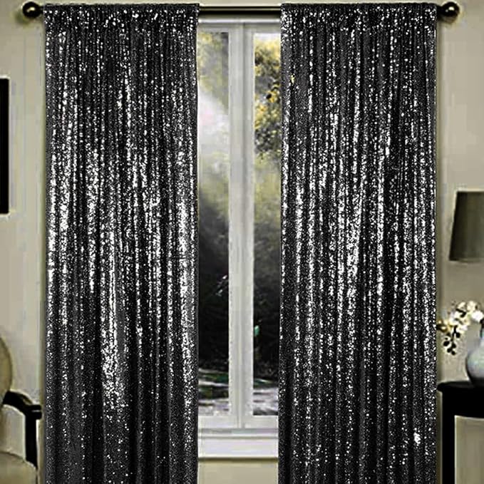 Black Sequin Backdrop Curtains 1 Panel 8FTx8FT Wedding Photo Backdrop Drapes Glitter Birthday Bridal Party Curtains Sparkle Background Party Decor Curtains