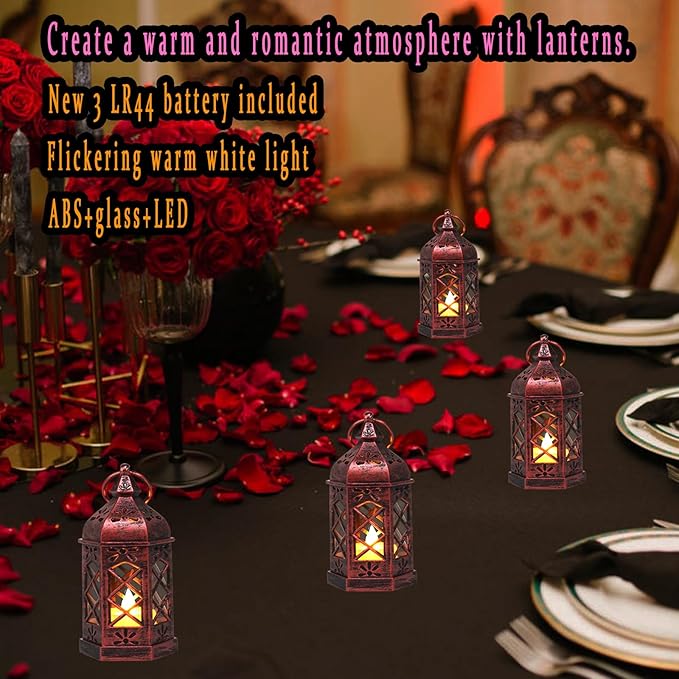 12PCS Mini Lantern with Flicker LED Candle for Halloween Decorations, Small Lanterns Decorative, Vintage Hanging Moroccan Lantern for Wedding Halloween Christmas Decor, Table Centerpiece, Rose Gold