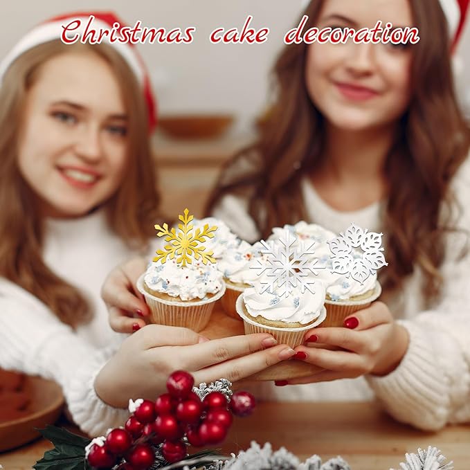 26 Pcs Merry Christmas Acrylic Cupcake Toppers Acrylic Mirror Snow Xmas Cupcake Picks New Year Party Cake Decorations