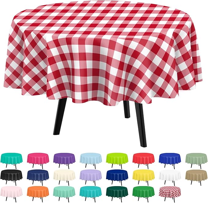 QIKSION Red Gingham Round Tablecloth 6 Pack, 84 Inch Plastic Checkered Table Cover Disposable for Parties