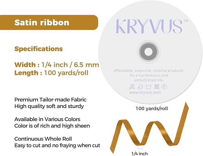 Gold Satin Ribbon 1/4 inch X Continuous 100 Yards, Single Face Polyester Ribbon Perfect for Gift Wrapping, Flower Bouquet, Wedding Decor, Crafts, Bow Making, Sewing and More