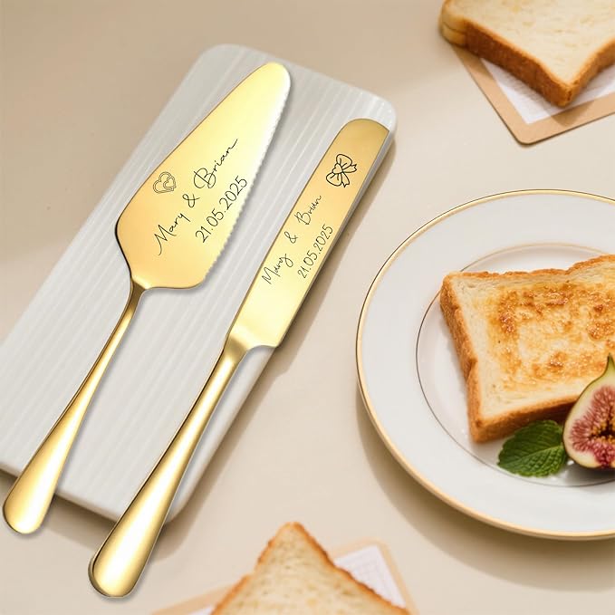 Custom Wedding Cake Knife and Server Set Personalized Cake Cutter with Engraved Text Bridal Cake Cutting Set with Gift Box for Weddings Anniversary Birthday (Gold - Text)