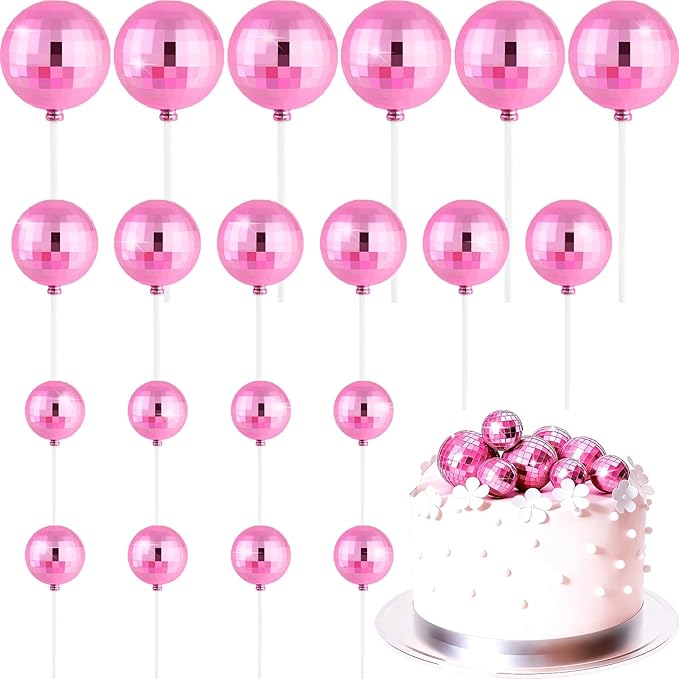 ASTARON 20 Pcs Disco Ball Cake Topper Decorations Sticks Pink Cake Balls Picks Toppers for Birthday Anniversary Disco Retired Theme Party Decorations