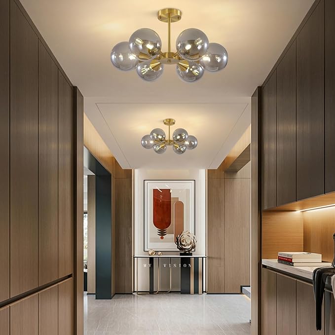 KCO 6-Lights Mid Century Modern Globe Ceiling Light Gold Sputnik Chandelier Smoke Gray Glass, Home Office