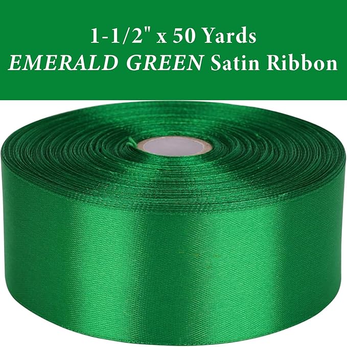 1-1/2" x 50 Yards Emerald Green Satin Ribbon Single Faced Fabric Ribbons for Gift Wrapping, Crafting, Floral Arrangements, Flower Bouquet, Wedding, Home Decor