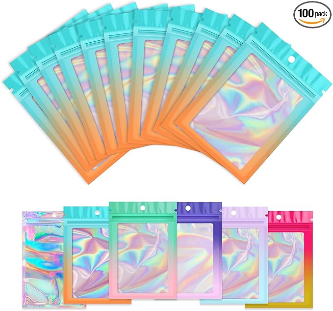 Funfery 100 Pack Gradient Holographic Bags,Resealable Mylar Bags with Zipper,Clear Window Packaging Pouch,Plastic Smell Proof Bags for Food Storage,Sample Jewelry Baggies(4.7×7In,Blue Orange)