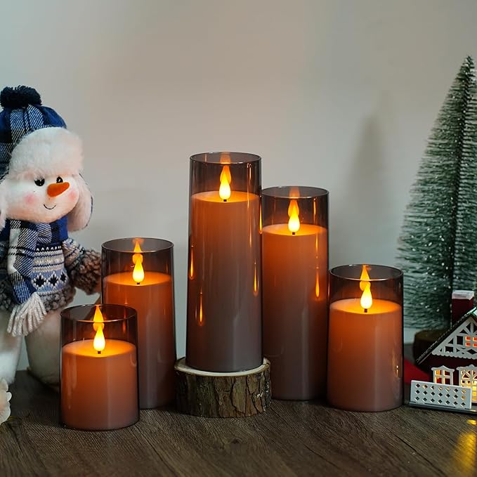 Fo32won Grey LED Flameless Pillar Candles Battery Operated with Remote and Timer, Set of 5 (D 3"×H 4" 5" 6" 8" 8") Decorative Plexiglass Flickering Candles with 3D Flame