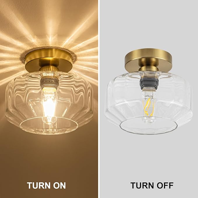 Gold Flush Mount Ceiling Light Modern - Hexagonal Diamond Faceted Glass, 50% Brighter 1200LM LED, Low-Profile for Kitchen/Hallway/Entryway, Tool-Free Installation (Brushed Gold Finish)