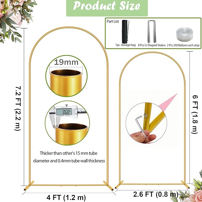 Metal Arch Backdrop Stand 7.2FT+6FT Wedding Arch Backdrop Stand Set of 2 Gold Arch Backdrop Stand for Party Wedding Ceremony Baby Shower Birthday Floral Balloon Decration