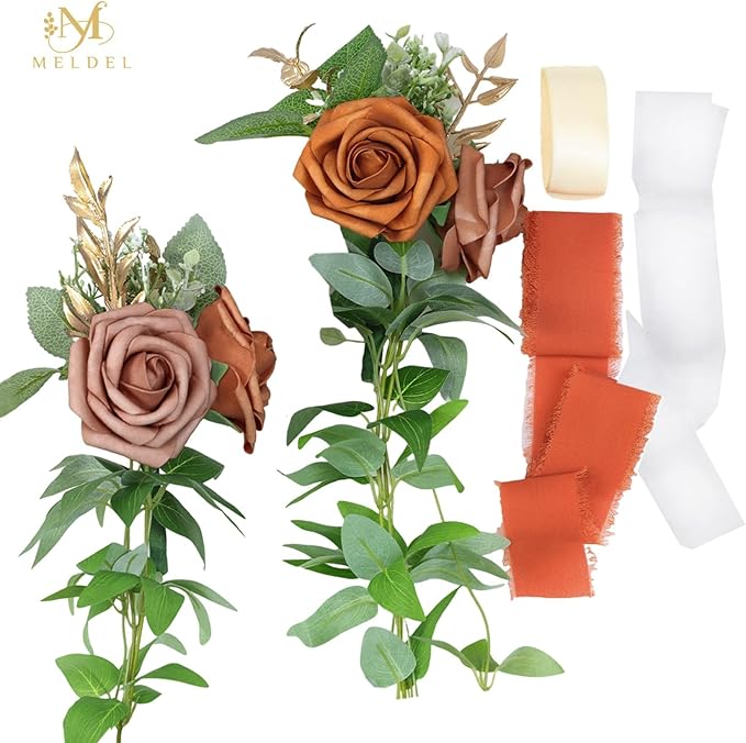 Meldel 10Pcs Wedding Chair Decorations Aisle Flowers Swag Artificial Flower Ivory Orange Garland with Ribbion for Ceremony Reception Church Rose Floral Faux Arrangement Party Outdoor Pew Decor
