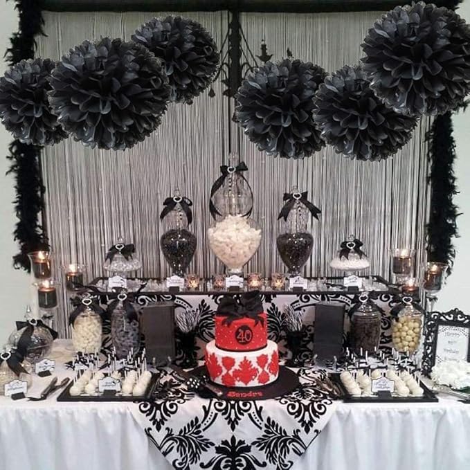MOWO Black Paper Flower Tissue Pom Poms Party Supplies (Black,12pc)