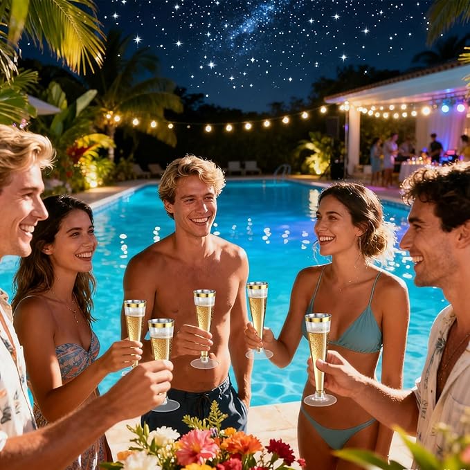 200 Pack Champagne Flutes Plastic Wine Glasses Disposable, 4.5 Oz Gold Rim Mimosa Glasses for 2025 Engagement Wedding Birthday New Years Eve Xmas Party Supplies, Bulk Toasting Cocktail Cups