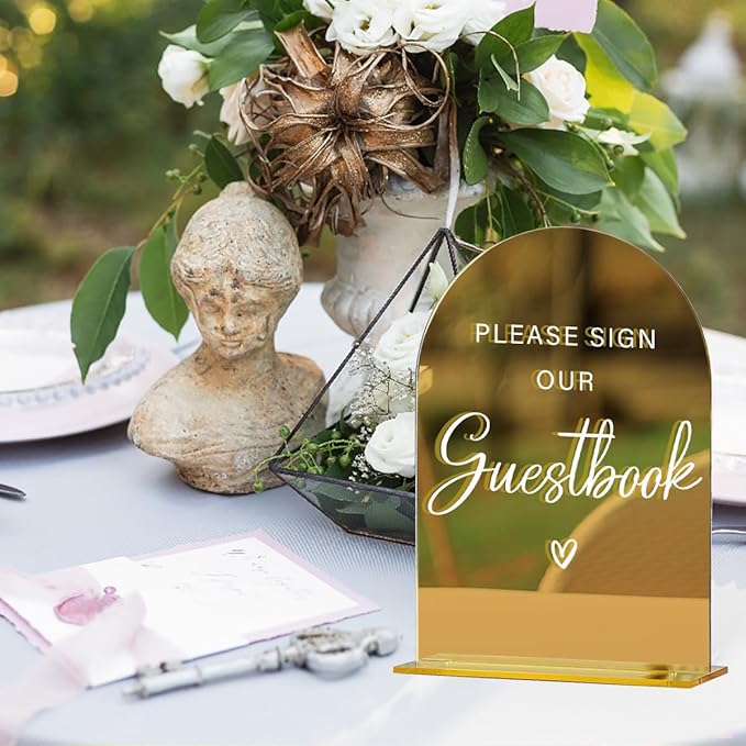 Acrylic Wedding Sign, Bridal Shower Decorations, Please Sign Our Guestbook Sign for Ceremony, Modern Font Table Signs, Gold Mirror Arched Acrylic Tabletop Signs for Wedding Reception and Event Party