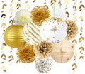 White and Gold Party Decoration Kit Lanterns Flowers Pom Pom with Gold 3D Butterfly Stickers and Leaf Garland Streamers for Birthday Engagement Wedding Bridal Shower Bachelorette Party Decor Supplies