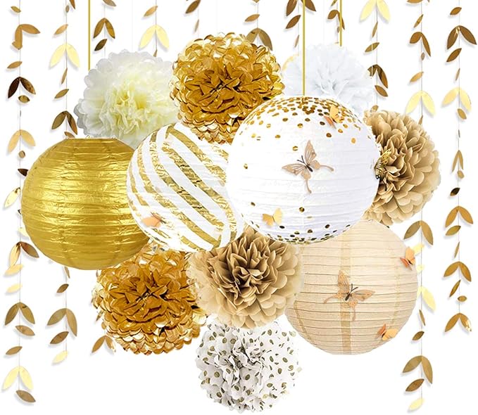 White and Gold Party Decoration Kit Lanterns Flowers Pom Pom with Gold 3D Butterfly Stickers and Leaf Garland Streamers for Birthday Engagement Wedding Bridal Shower Bachelorette Party Decor Supplies
