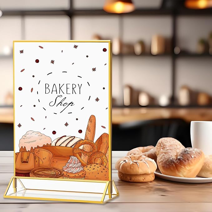 Acrylic Sign Holder, 5 x 7 Inch Gold Frames, 8 Pack Double-Sided Gold Display Stand Picture Frames, Table Signs Holders for Table Menus, Offices, Weddings, Flyers and Photo Frame (8 PCS)