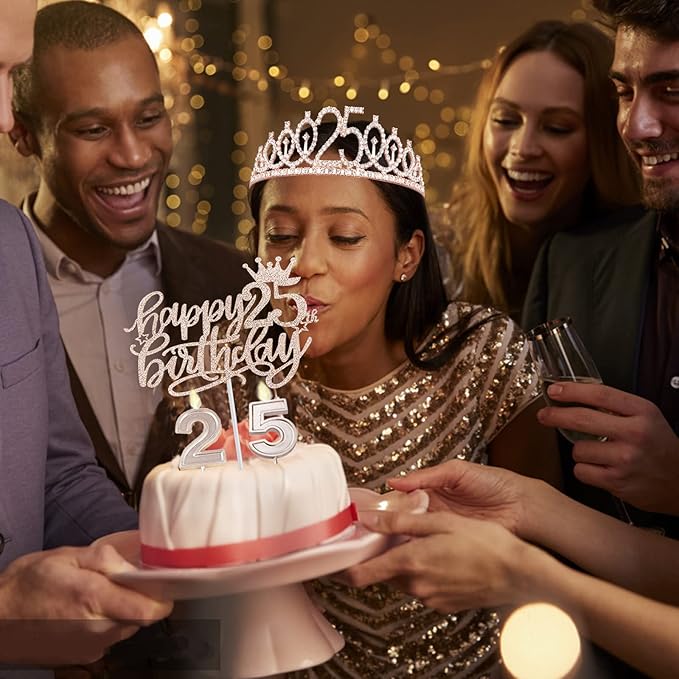 25th Birthday Decorations for Women Including Sash, Tiara/Crown, Numeral Candles and Cake Topper, 25th Birthday Gifts for Women, Rose Gold Party Favor Supplies