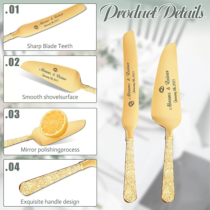 HJX Personalized Wedding Cake Knife and Server Set - Custom Name Engraved Cutting Set with Elegant Gift Box, Ideal for Bridal Wedding Anniversary Birthday Gifts (Embossed handle)