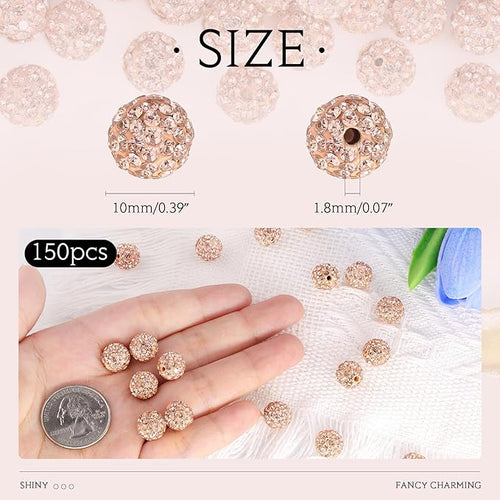 150 pcs 10mm Rhinestone Beads for Jewelry Making, Light Peach Shiny Round Shamballa Disco Beads Bulk, Sparkle Crystal Clay Christmas for Bracelet Baseball Necklace Earring Crafting and DIY