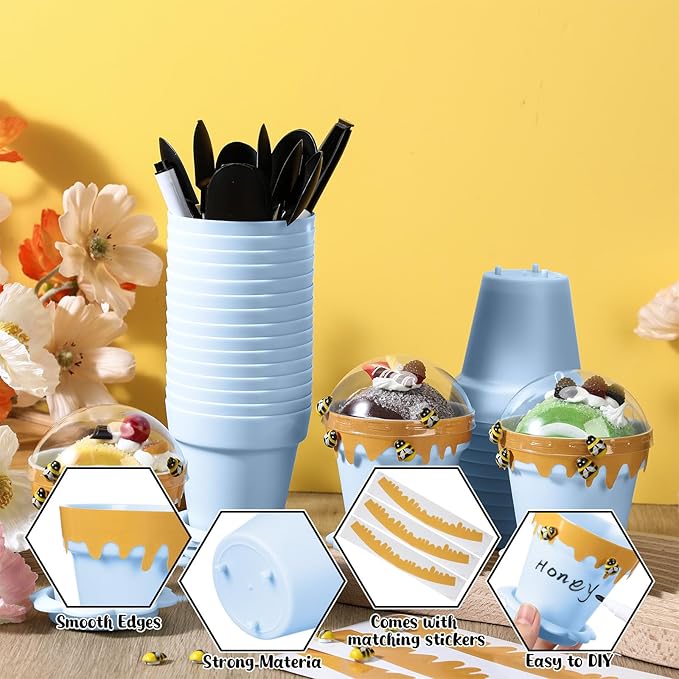 30 Sets Mini Honey Bee Pots with Lids, Spoon, Saucers and Bee Charms, 6.76 OZ Plastic Honey Jars for Cupcake Dessert Themed Party Favor Planter Baby Shower Birthday Wedding Decoration (Blue)
