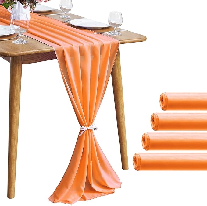 5 Pack 10Ft Chiffon Orange Table Runner Sheer 29x120 Inch for Romantic Wedding Decor Bridal & Baby Shower Birthday Rustic Party Decoration
