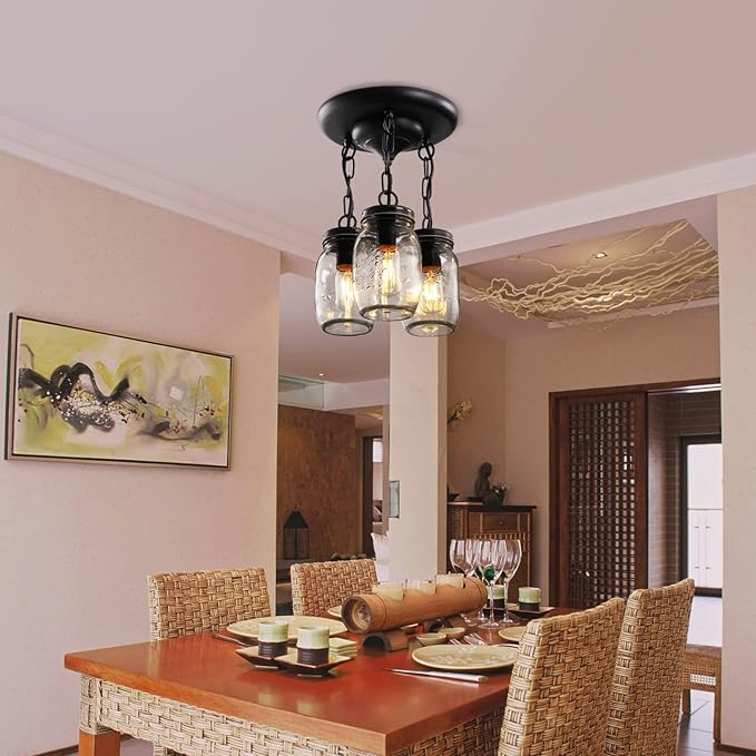 Black Pendant Lights, 3-Light Clear Glass Pendant Lights Kitchen Island, Mason Jar Light Fixtures, Farmhouse Mason Jar Pendant Lighting for Kitchen Dining Room Bedroom Hallway Entryway