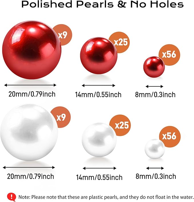 180PCS Red & White Beads for Centerpieces Vases, No Hole Polished Pearl Makeup Beads Mixed 8/14/20mm Sizes, Pearl Vase Fillers Table Scatters for Party Wedding Decor