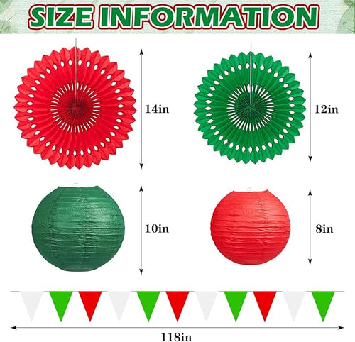 13Pcs Italian Party Decorations, Hanging Red White and Green Paper Lanterns Paper Fans for Birthday Wedding Baby Shower Christmas Mexican Independence Day Italian Themed Party Decorations