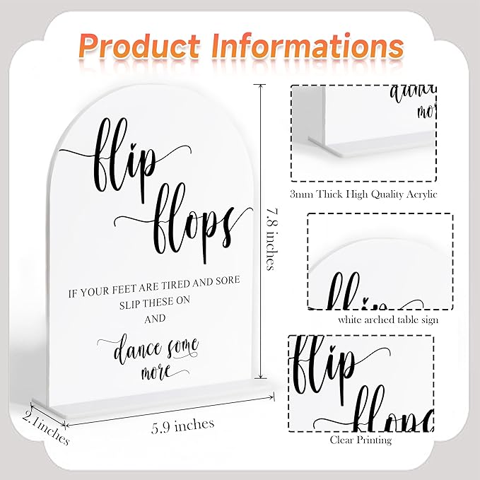 Wedding Flip Flops for Guests Sign, White Arch Acrylic Sign, Wedding Dance Floor Props, Bridal Shower Decor, Engagement Party Decor, Centerpiece Table Decorations Party for Bride and Groom-12