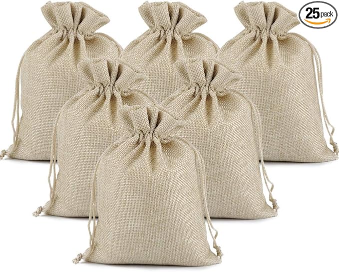Lucky Monet 25/50/100PCS Burlap Gift Bags Wedding Hessian Jute Bags Linen Jewelry Pouches with Drawstring for Birthday, Party, Wedding Favors, Present, Art and DIY Craft (25Pcs, Cream, 3” x 4”)