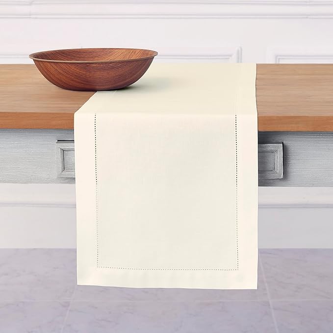 Solino Home Cotton Linen Ivory Table Runner 72 Inches Long - Hemstitch Table Runner 14 x 72 Inch for Dresser, Dining, Fall, Autumn, Halloween, Thanksgiving, Christmas, Holiday