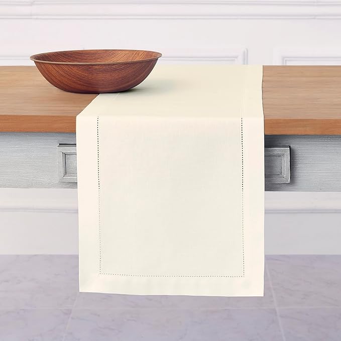 Solino Home Ivory Table Runner 120 Inches Long - Cotton Linen Hemstitch 14 x 120 Inch Table Runner for Dining, Fall, Autumn, Thanksgiving, Holiday