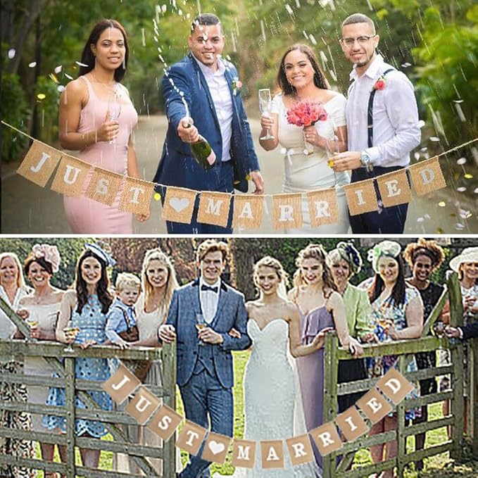 Jute Burlap Just Married Bunting Banner Vintage Hessian Flag for Wedding Party Decoration Favor