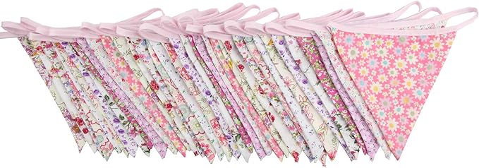 10M/32Ft Triangle Bunting Banner, 36 Pcs Cotton Fabric Flags Pennant Garlands for Birthday Party, Wedding, Baby Shower, Outdoor and Home Decorations (Pink)