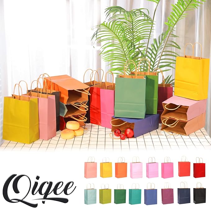 qiqee 200Pcs Paper Gift Bags with Handles - 10.6"x8.3"x4.3" Medium Party Favor Bags Multiple Uses - 16 Solid Colors