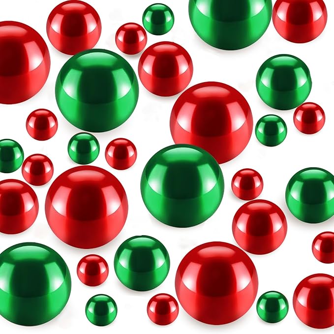 120 PCS 8/14/20mm No Hole Polish Pearl Beads for Centerpiece, Red&Green Beads Decorative Vase Fillers, Plastics Pearls for Vases, Table Scatters, Wedding Party Decor