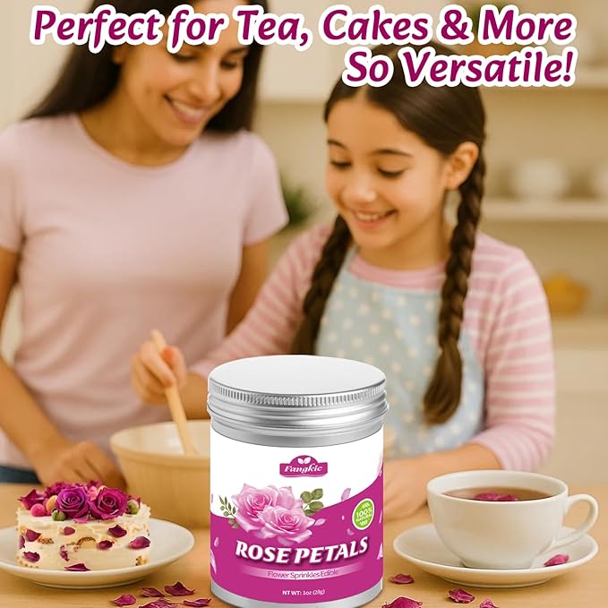Fangkic Dried Rose Petals-1oz(28g) Dried Edible Flower Cake Decoration, Edible Rose Petal for Cocktails Drinks Baking Tea Soap & Candle Making, Gluten-Free, No Additives
