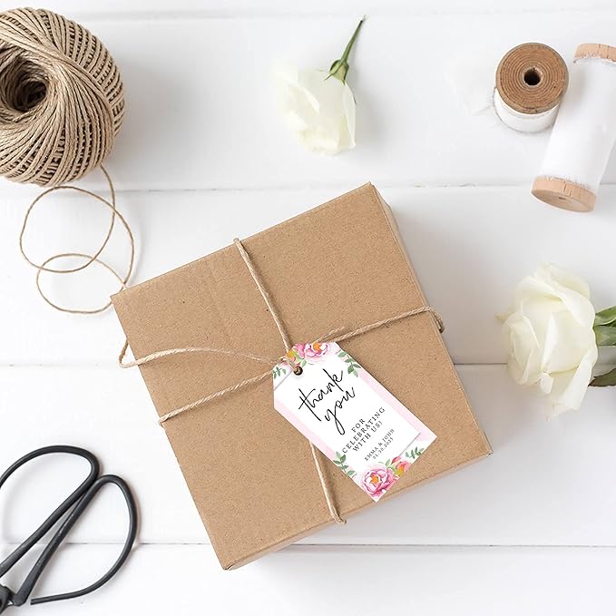 Andaz Press 100-Pack Personalized Thank You Tags with Bakers Twine, Pink Peonies Custom Cardstock Wedding Gift Tags 2 x 3.75-Inches