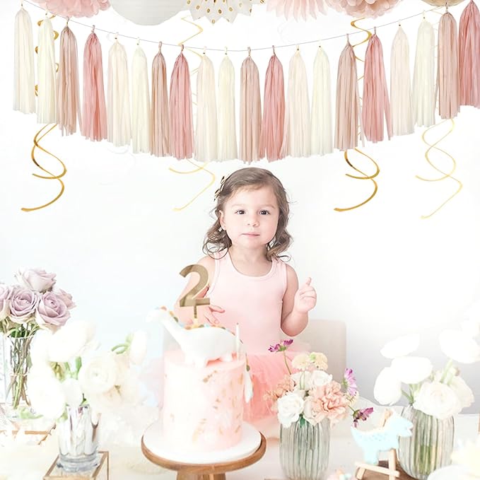Champagne-Gold Beige Boho Party-Decorations Tassel-Garland - 20pc Fall Baby Shower Birthday Wedding Bridal Tassel,Autumn Engagement Bachelorette Banner Streamers,Neutral Rustic Backdrop Decor Panduola