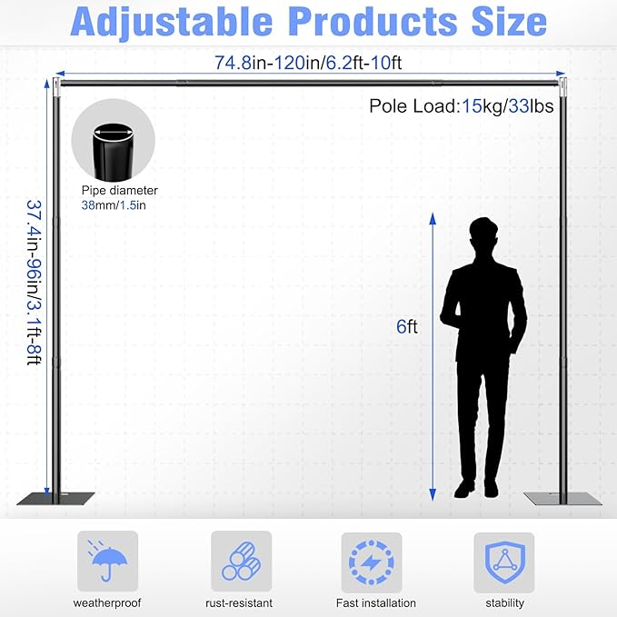 Pipe and Drape Backdrop Stand 10FT x 8FT, Adjustable Backdrop Stand Heavy Duty, Background Stand, Backdrop Stand for Parties, Photography, Wedding, Birthday Decoration (10ft x 8ft)