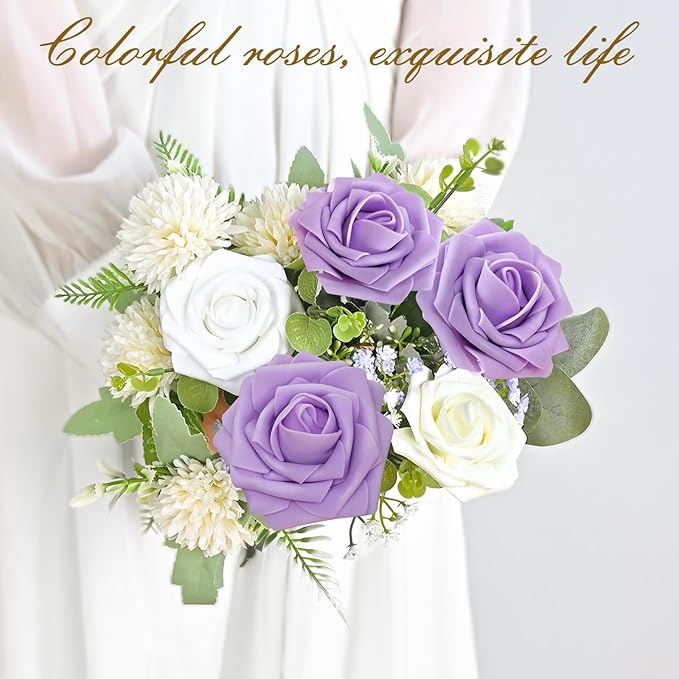 BLEUM CADE 36Pcs Artificial Flowers Fake Roses with Stems, Purple Boxed Foam Roses for DIY Bouquets Centerpieces Wedding Party Arrangement Bridal Shower Decor