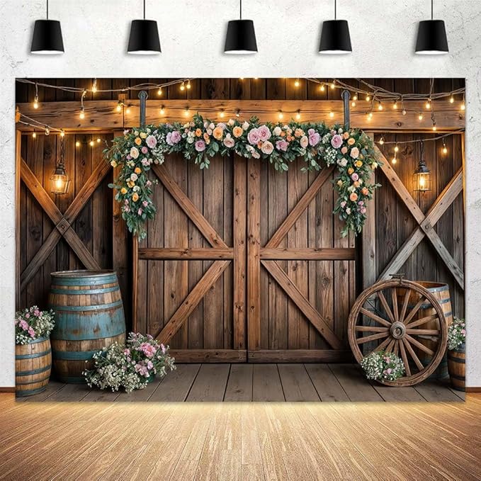 12x10ft Country Wedding Photography Backdrop Rustic Barn Door Photography Backdrop Farmhouse Pink Flower Cabin Wooden Birthday Baby Shower Wedding Bridal Party Banner Photo Booth Props Background