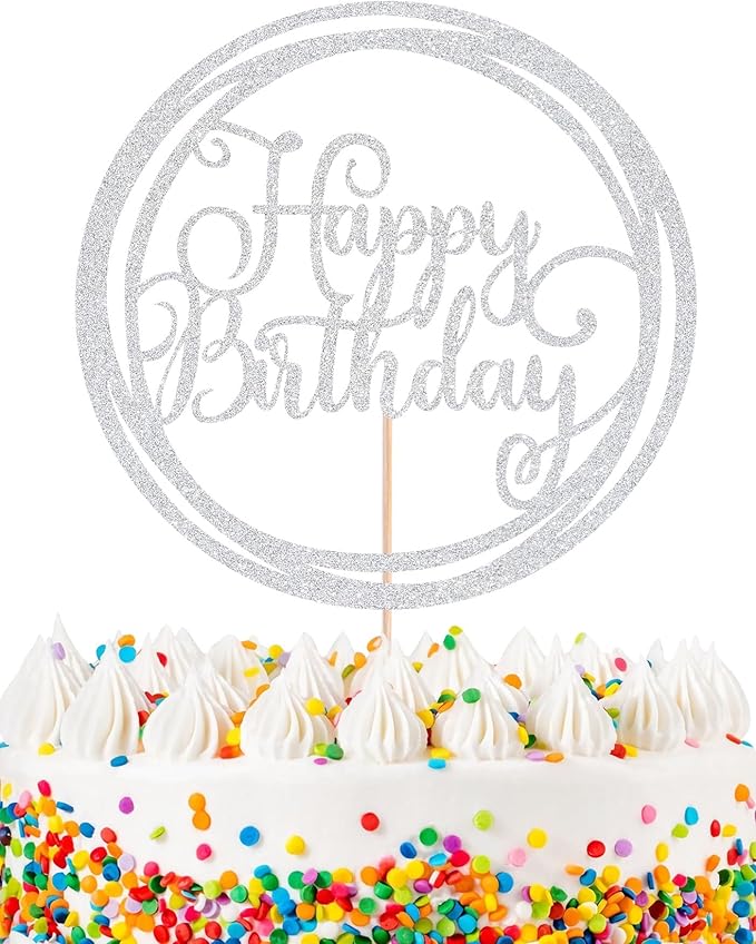 Happy Birthday Cake Topper - Silver Glitter Happy Birthday Cake Decoration Supplies for Children or Adults - Happy Birthday Cake Bunting Decor, Photo Booth Props