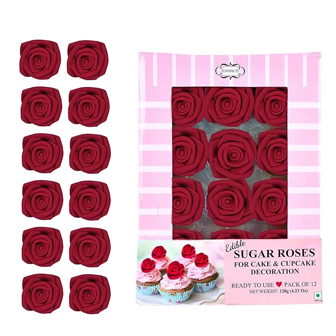 Confect Edible Deep Burgundy Rose Toppers – Edible Roses for Cake & Cupcake Decorations, Perfect for Weddings & Special Occasions- Vegan, Gluten-Free, Dairy-Free, Palm Oil-Free - Pack of 12
