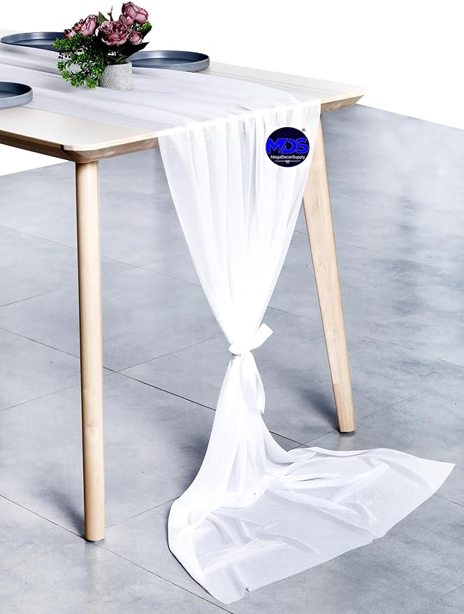 MDS 20 Pack 10ft Chiffon Table Runner 29 x 120 Inches Sheer Wedding Runner Romantic Rustic Table Runner for Wedding Decorations, Birthday Parties, Bridal Shower Party Arch Decor - White