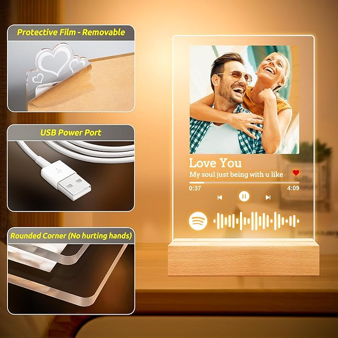 Custom Spotify Plaque Picture Frames, Custom Acrylic Spotify Song Plaque, Personalized Photo Picture Frame, Personalized Anniversary Birthday Gifts for Women Men Girlfriend Boyfriend Couples Her Him