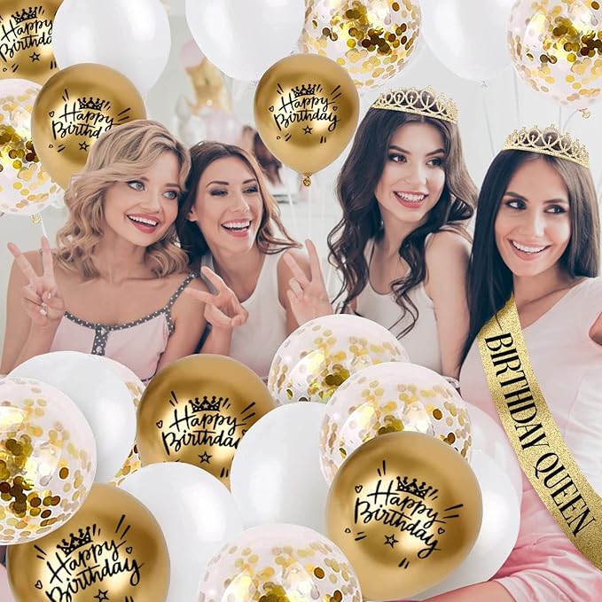 Birthday Decorations for Women/Girls, Including Queen Sash and Crown, Cake Topper, Candles. Birthday Sash and Tiara for Women, Golden Party Decorations Favors
