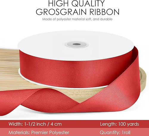 100 Yards 1.5 inch Grosgrain Ribbon, Solid Color Fabric Ribbon Perfect for Gift Wrapping, Wedding, Handmade Bows, Floral Bouquets and Party Decoration(red)