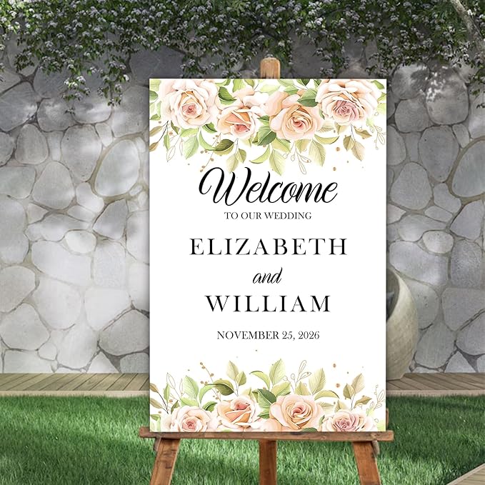 Gentle Pink Rose Wedding Welcome Sign, Minimalist Floral Template, Editable Printable Sign for Ceremony or Reception