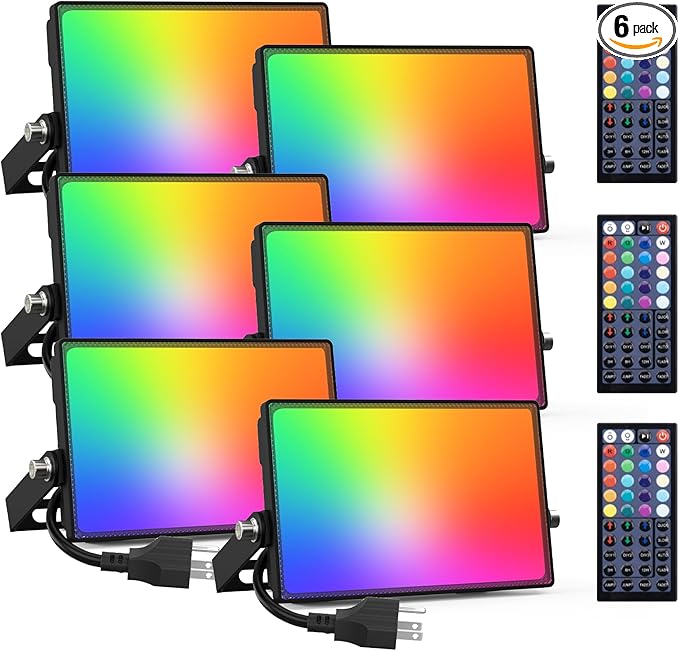 Onforu 6 Pack RGBW LED Flood Light Outdoor, 100W Color Changing 2700K Warm White Upights with Remote, IP66 Stage Lighting, Landscape Spotlights, Uplighting Indoor Floor Lighs for Christmas
